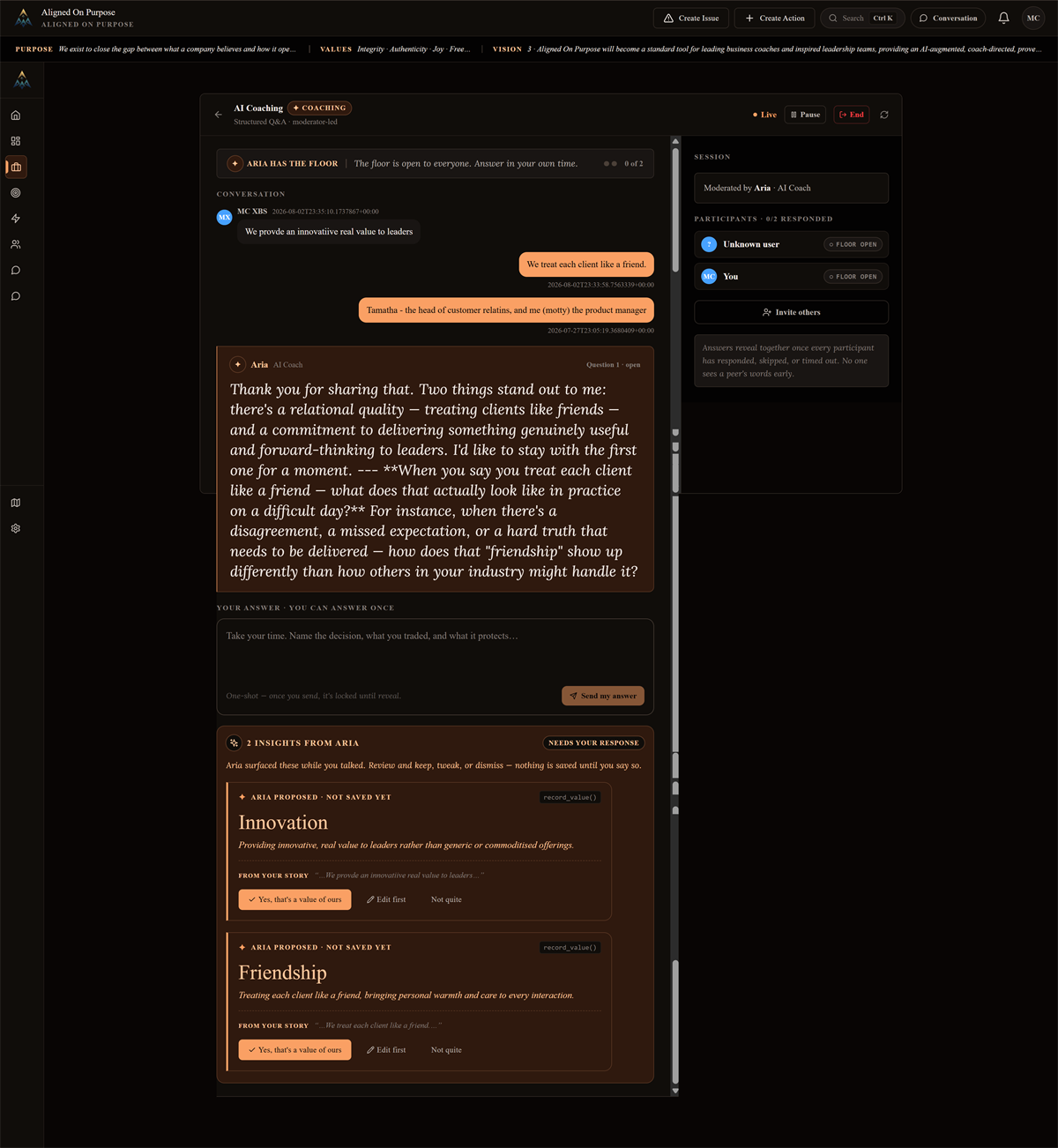 Aligned On Purpose — a live, moderated AI coaching session surfacing value insights in real time