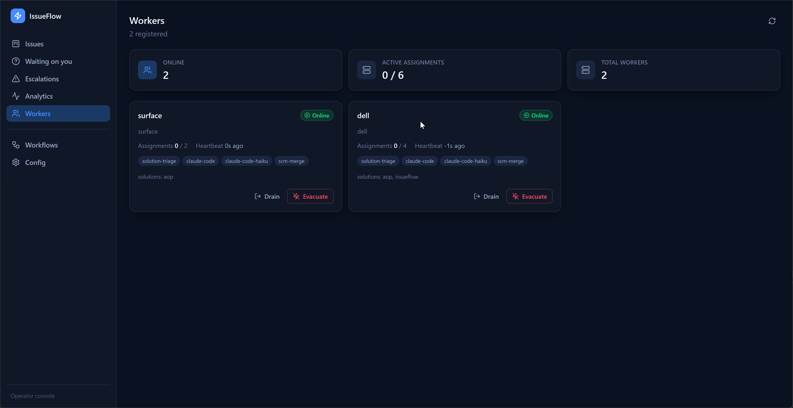IssueFlow workers — a self-hosted fleet with per-worker frameworks, assignments, and live heartbeat